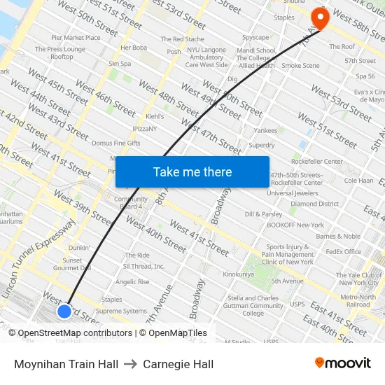 Moynihan Train Hall to Carnegie Hall map