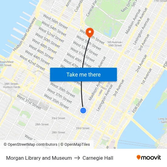 Morgan Library and Museum to Carnegie Hall map