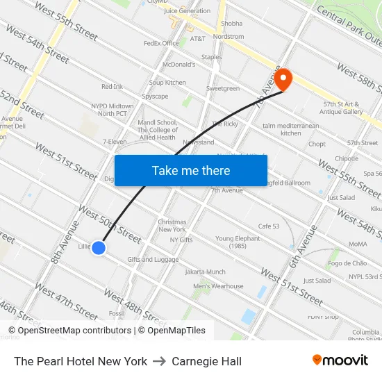 The Pearl Hotel New York to Carnegie Hall map