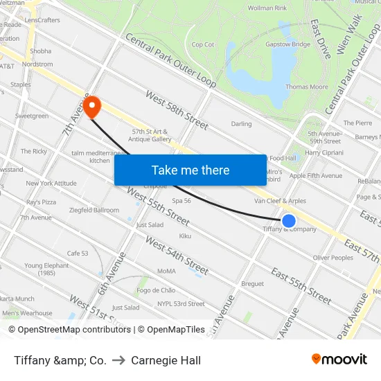 Tiffany &amp; Co. to Carnegie Hall map