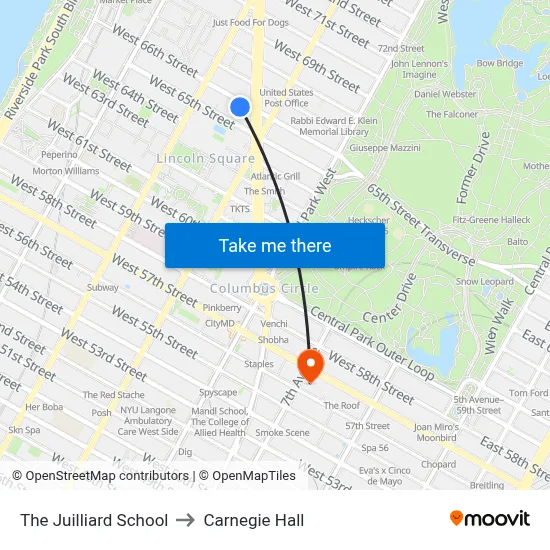 The Juilliard School to Carnegie Hall map