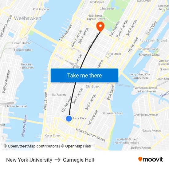 New York University to Carnegie Hall map