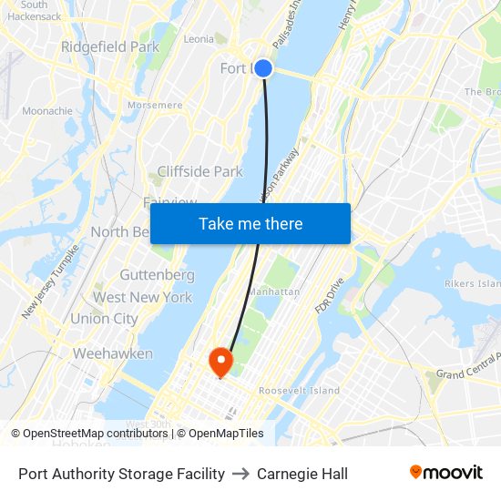 Port Authority Storage Facility to Carnegie Hall map