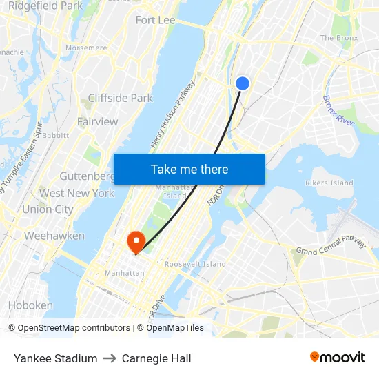 Yankee Stadium to Carnegie Hall map
