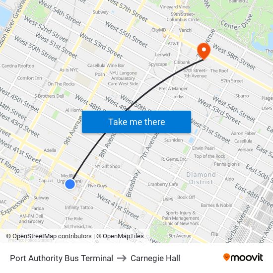 Port Authority Bus Terminal to Carnegie Hall map