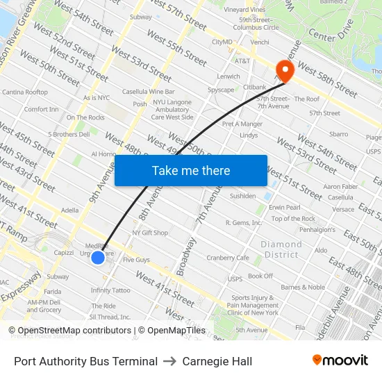 Port Authority Bus Terminal to Carnegie Hall map