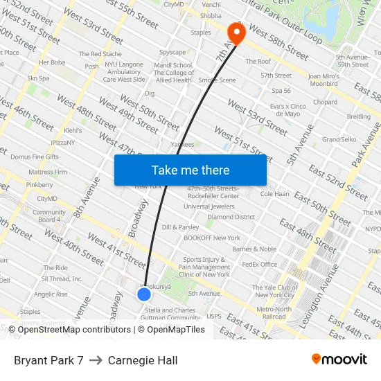 Bryant Park 7 to Carnegie Hall map