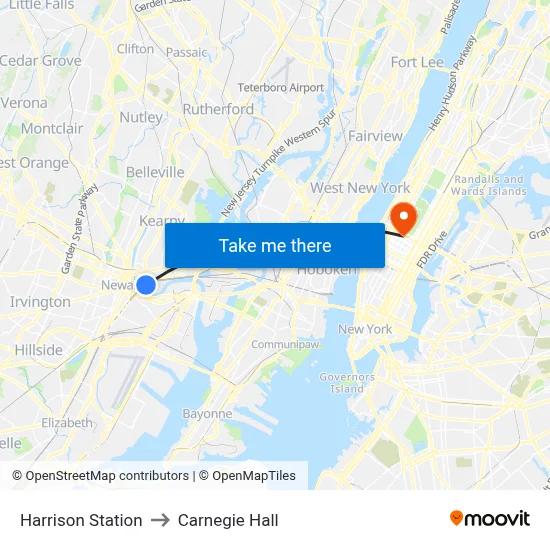 Harrison Station to Carnegie Hall map