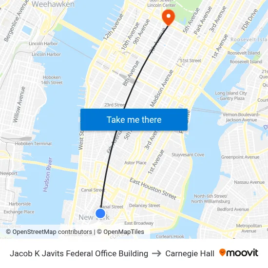 Jacob K Javits Federal Office Building to Carnegie Hall map