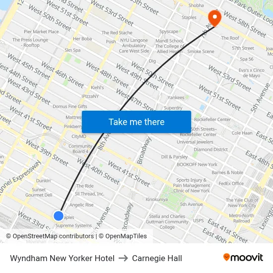 Wyndham New Yorker Hotel to Carnegie Hall map