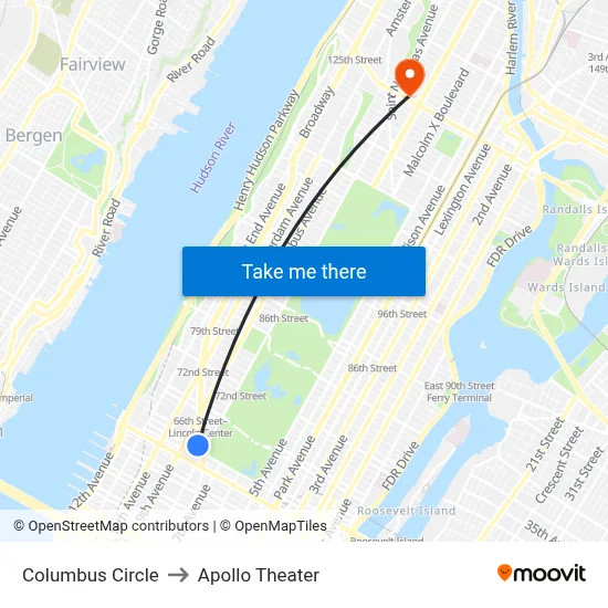 Columbus Circle to Apollo Theater map