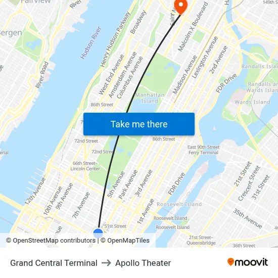 Grand Central Terminal to Apollo Theater map