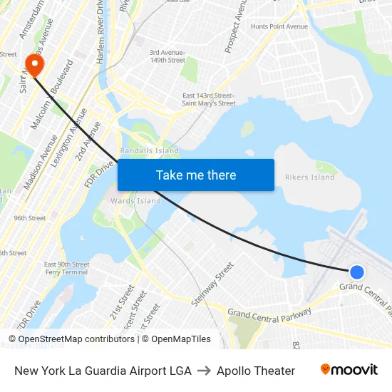 New York La Guardia Airport LGA to Apollo Theater map