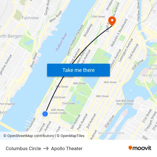 Columbus Circle to Apollo Theater map