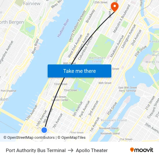 Port Authority Bus Terminal to Apollo Theater map