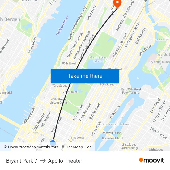Bryant Park 7 to Apollo Theater map