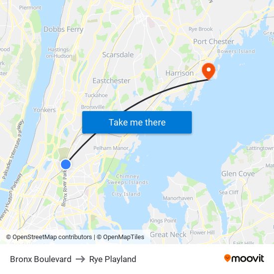 Bronx Boulevard to Rye Playland map