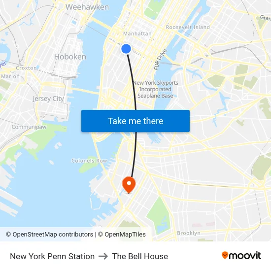 New York Penn Station to The Bell House map