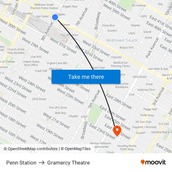 Penn Station to Gramercy Theatre map