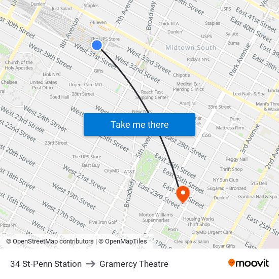 34 St-Penn Station to Gramercy Theatre map