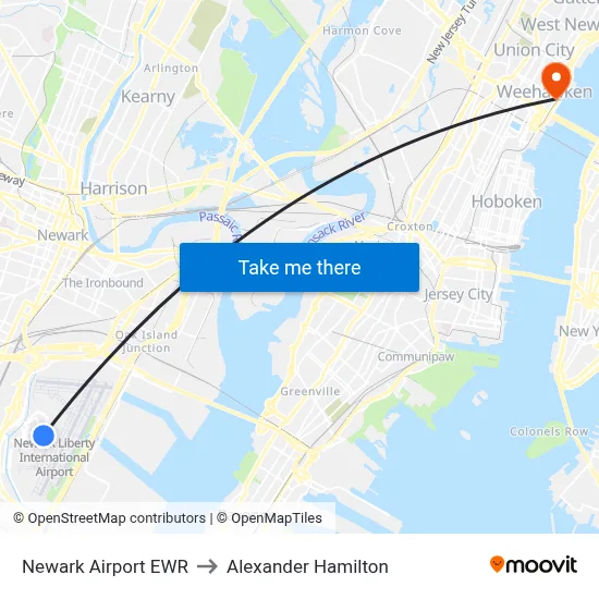 Newark Airport EWR to Alexander Hamilton map