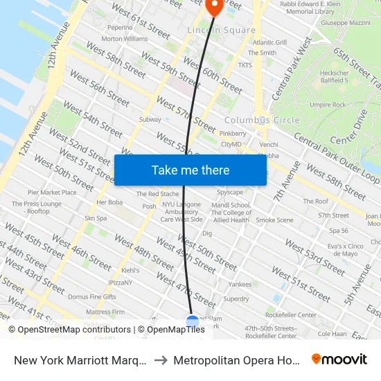 New York Marriott Marquis to Metropolitan Opera House map