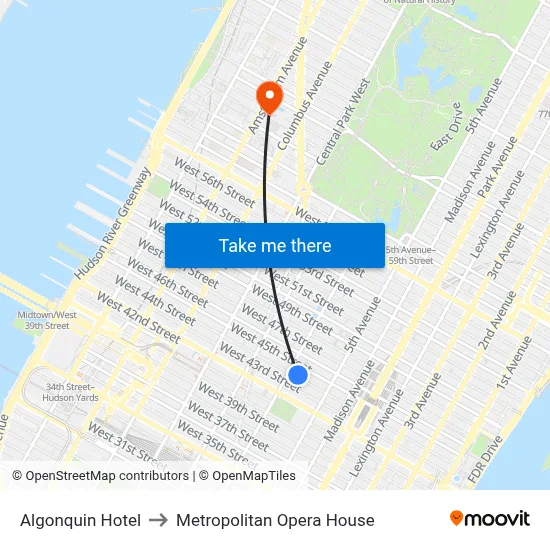 Algonquin Hotel to Metropolitan Opera House map