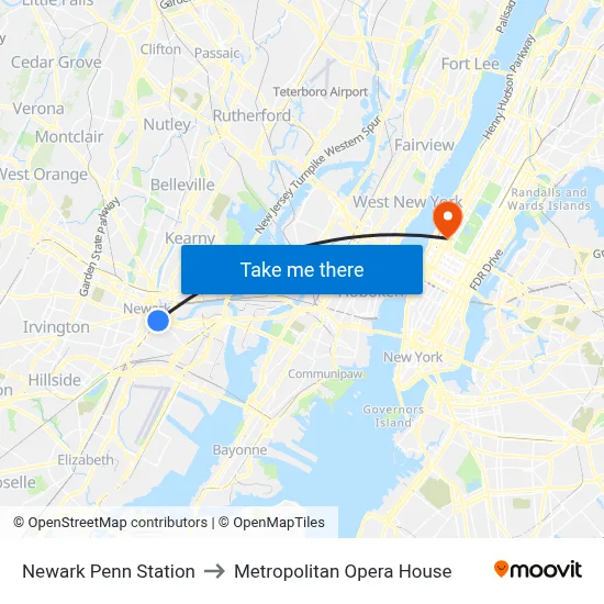 Newark Penn Station to Metropolitan Opera House map