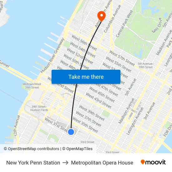 New York Penn Station to Metropolitan Opera House map