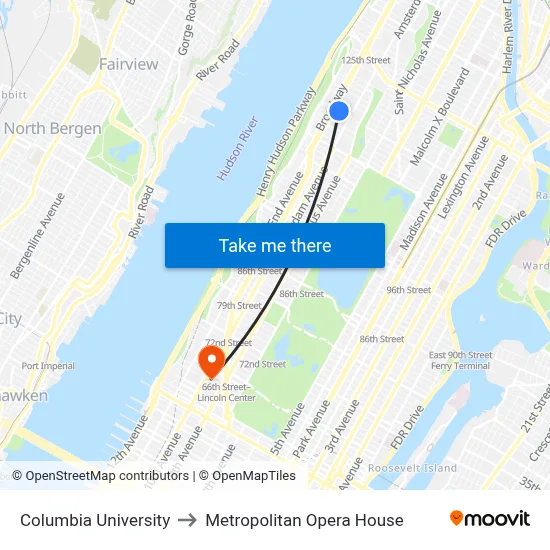 Columbia University to Metropolitan Opera House map
