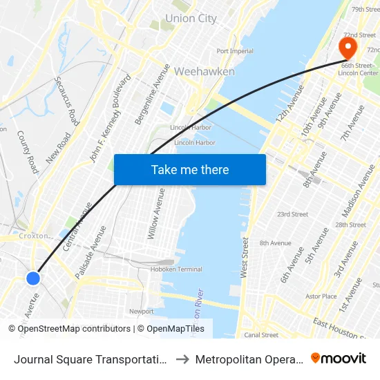 Journal Square Transportation Center to Metropolitan Opera House map
