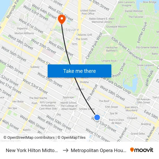 New York Hilton Midtown to Metropolitan Opera House map