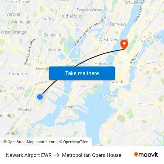Newark Airport EWR to Metropolitan Opera House map