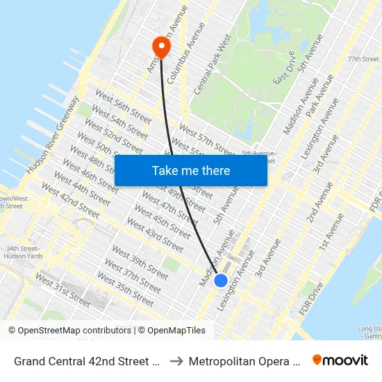 Grand Central 42nd Street Station to Metropolitan Opera House map