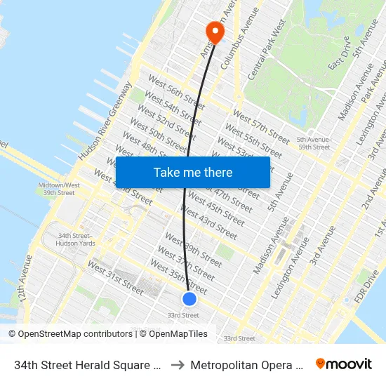 34th Street Herald Square Station to Metropolitan Opera House map
