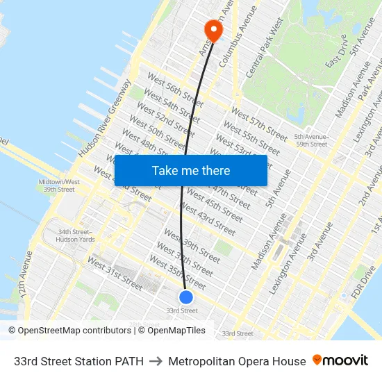 33rd Street Station PATH to Metropolitan Opera House map