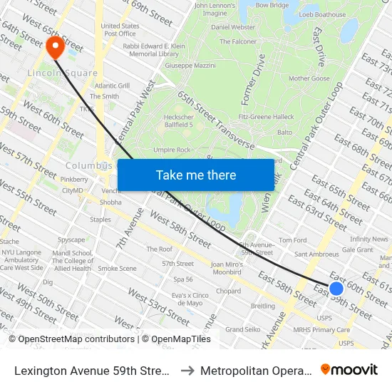 Lexington Avenue 59th Street Station to Metropolitan Opera House map
