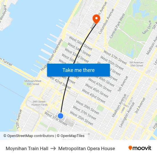 Moynihan Train Hall to Metropolitan Opera House map