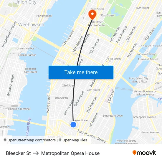 Bleecker St, New York, NY 10012 to Metropolitan Opera House map