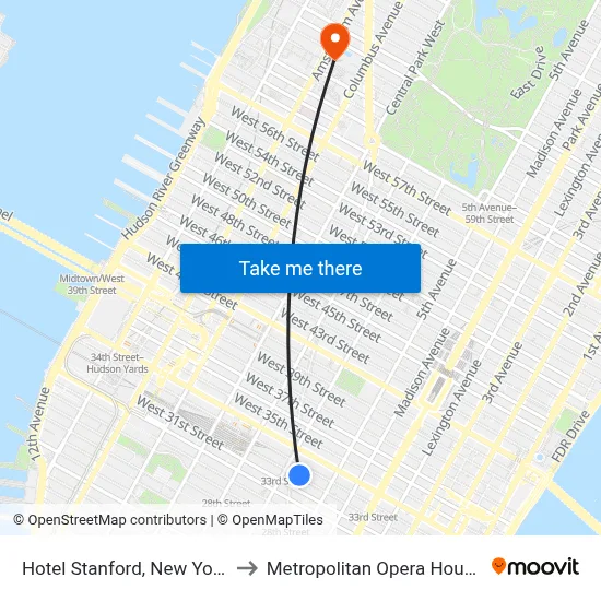 Hotel Stanford, New York to Metropolitan Opera House map