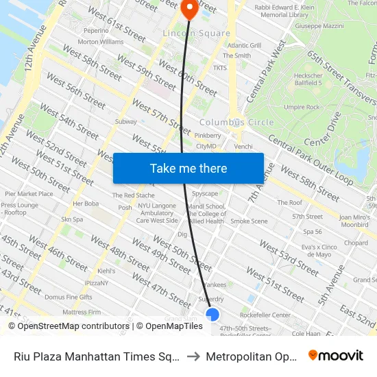 Riu Plaza Manhattan Times Square, New York to Metropolitan Opera House map