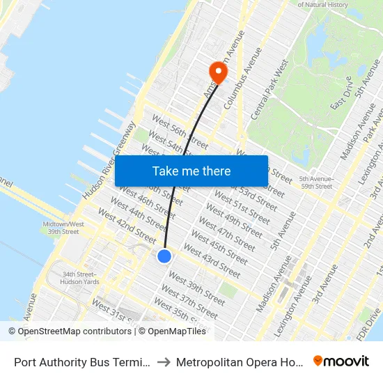 Port Authority Bus Terminal to Metropolitan Opera House map