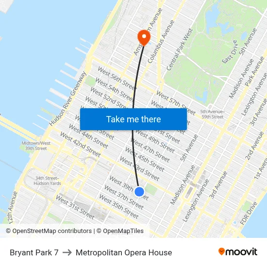 Bryant Park 7 to Metropolitan Opera House map