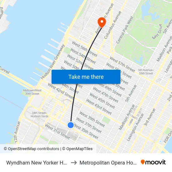 Wyndham New Yorker Hotel to Metropolitan Opera House map
