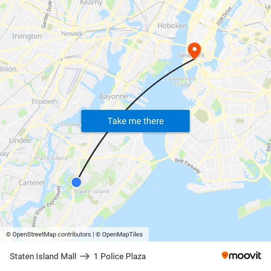 Staten Island Mall to 1 Police Plaza map