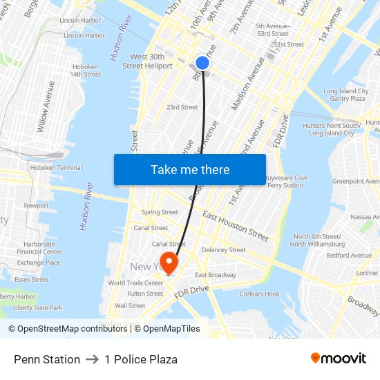 Penn Station to 1 Police Plaza map