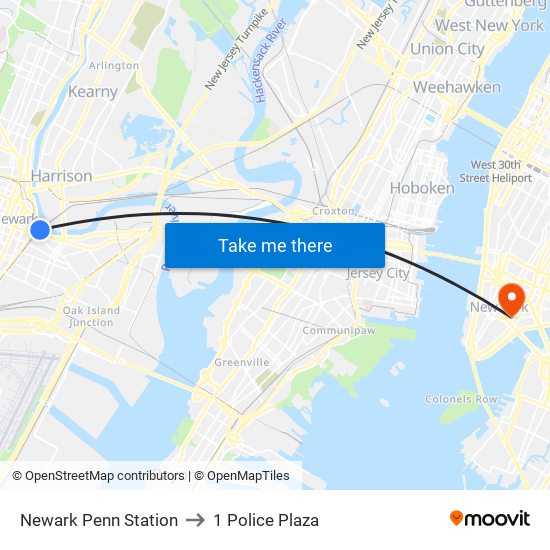 Newark Penn Station to 1 Police Plaza map