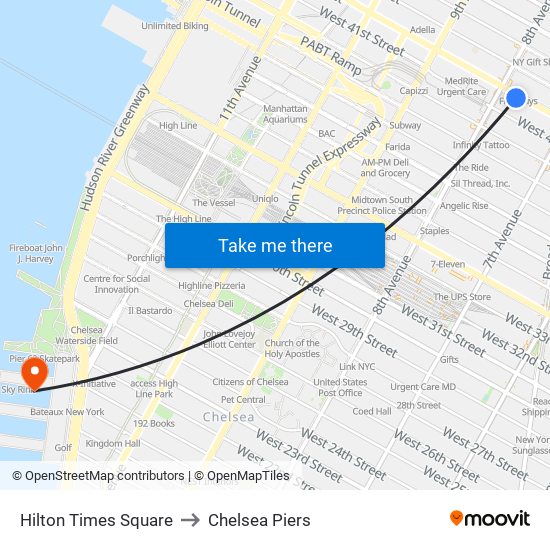 Hilton Times Square to Chelsea Piers map