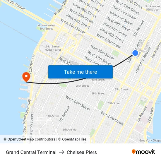 Grand Central Terminal to Chelsea Piers map