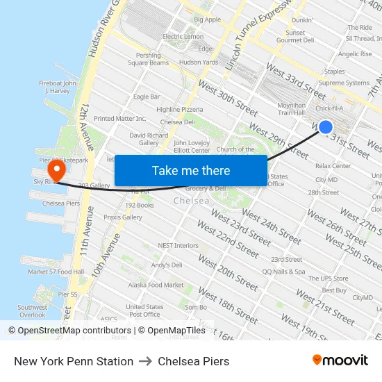 New York Penn Station to Chelsea Piers map